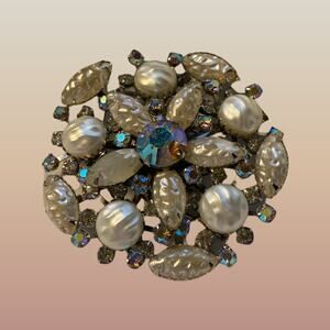 White Baroque Pearl Aurora Borealis Vintage Brooch